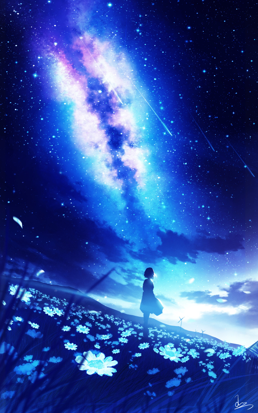 1girl absurdres backlighting blue_theme blurry cloud depth_of_field dress english_commentary field flower grass highres meteor_shower milky_way night night_sky original scenery short_hair signature sky skyrick9413 standing star_(sky) starry_sky white_flower