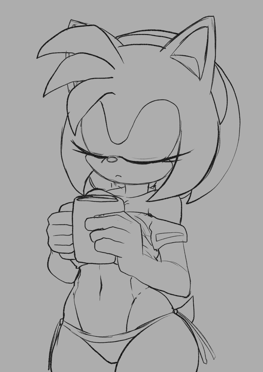 absurd_res accessory amy_rose anthro apsel_bluestar beverage clothing crop_top eulipotyphlan exposed_shoulder eyes_closed female hair_accessory hairband hedgehog hi_res loose_shirt mammal mug sega shirt sketch solo sonic_the_hedgehog_(series) topwear underwear