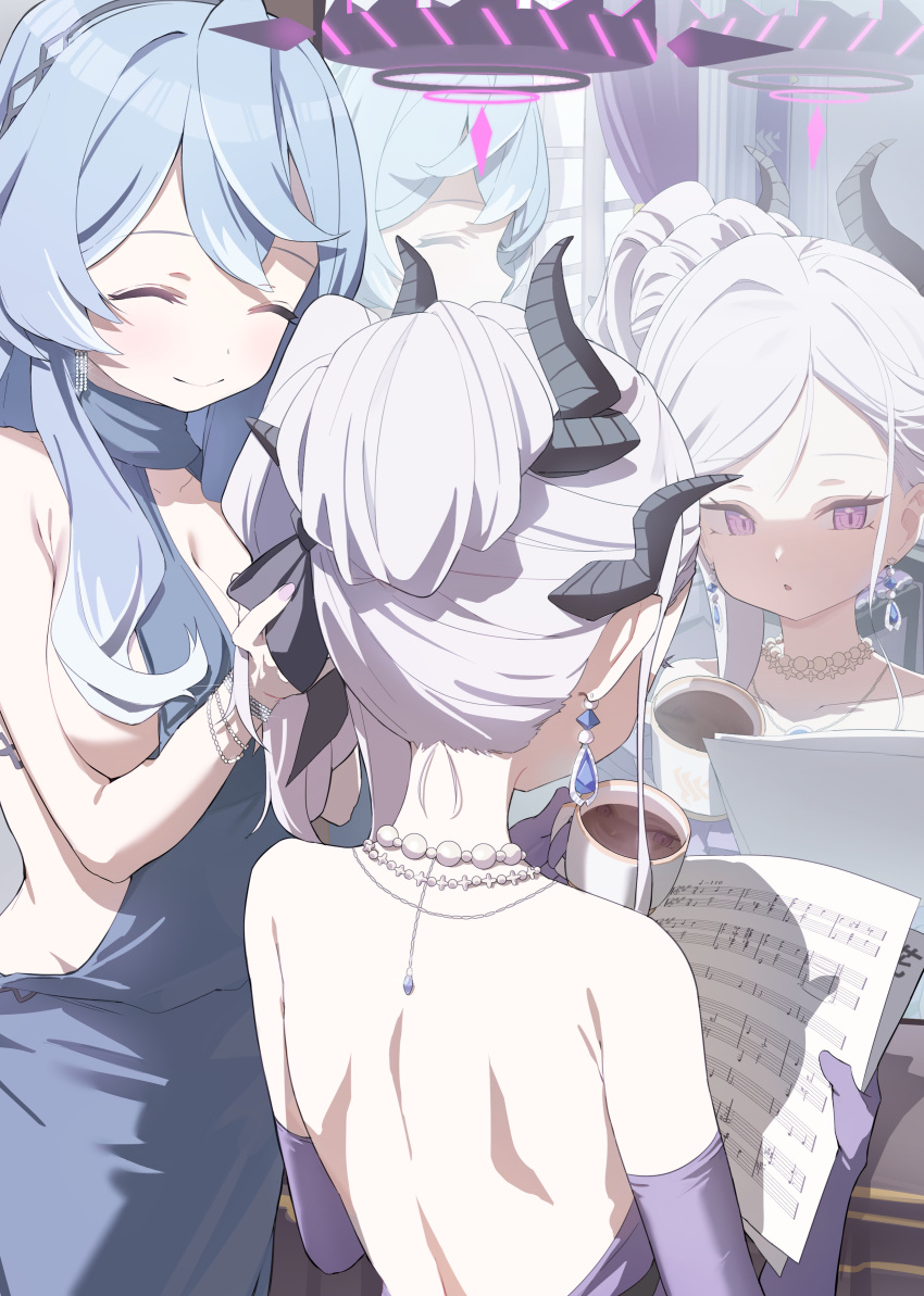 2girls ^_^ absurdres adjusting_another's_hair ako_(blue_archive) ako_(dress)_(blue_archive) applepie_(12711019) back backless_dress backless_outfit blue_archive blue_hair breasts closed_eyes coffee cup demon_horns dress elbow_gloves from_behind gloves grey_hair halo highres hina_(blue_archive) hina_(dress)_(blue_archive) holding holding_cup holding_paper horns indoors large_breasts median_furrow mirror multiple_girls multiple_horns official_alternate_costume paper purple_dress purple_gloves reflection revision shoulder_blades sideboob sideless_dress