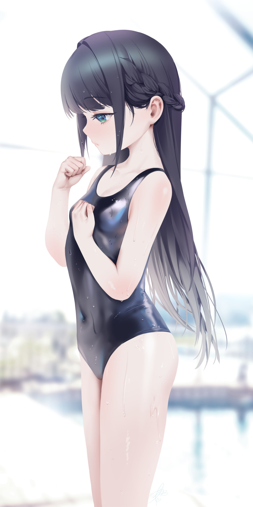 1girl absurdres black_hair black_one-piece_swimsuit blue_eyes braid breasts character_name covered_navel french_braid highres last_origin long_hair one-piece_swimsuit school_swimsuit small_breasts solo standing swimsuit teddyellow