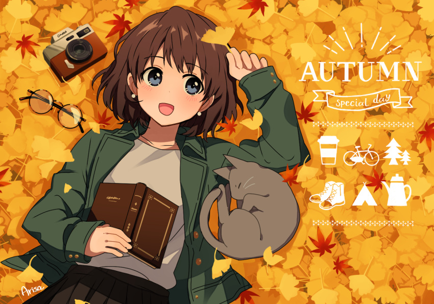 1girl :d animal arisa_(aren) artist_name autumn_leaves black_eyes black_skirt blue_eyes blush book brown_hair buttoned_cuffs camera cat earrings glasses green_jacket grey_cat holding holding_leaf jacket jewelry lapels leaf long_sleeves looking_to_the_side lying notice_lines on_back open_book open_clothes open_jacket open_mouth original pleated_skirt round_eyewear shirt short_hair signature skirt smile solo t-shirt unworn_eyewear upper_body white_shirt