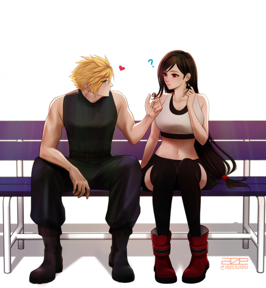 1boy 1girl ? absurdres azezazel bare_arms bench black_hair black_thighhighs blonde_hair blue_eyes boots brown_footwear cloud_strife commission crop_top final_fantasy final_fantasy_vii final_fantasy_vii_remake hair_twirling heart highres legs_together long_hair looking_at_another low-tied_long_hair park_bench red_eyes red_footwear simple_background sitting skirt spiked_hair thighhighs tifa_lockhart