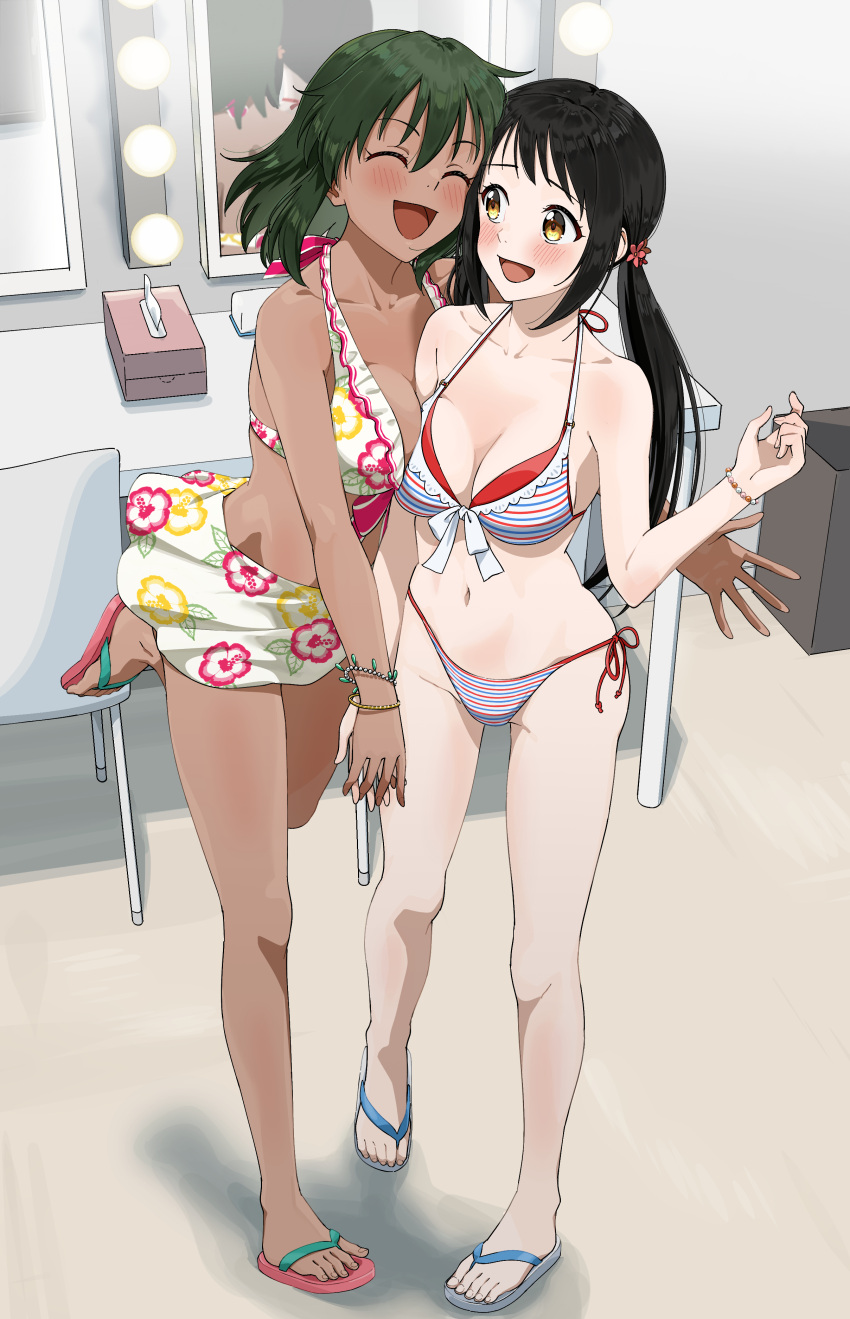 2girls absurdres bare_shoulders bikini black_hair blush breasts brown_eyes cleavage collarbone dark-skinned_female dark_skin dr._gero_(staedtler_0508) dressing_room feet floral_print frilled_bikini_top green_hair groin highres idolmaster idolmaster_cinderella_girls large_breasts leg_up long_hair low_twintails marquee_lights medium_breasts mirror multiple_girls nakano_yuka natalia_(idolmaster) navel open_mouth sandals short_hair side-tie_bikini_bottom striped_bikini striped_clothes swimsuit table thighs tissue_box twintails vanity_table