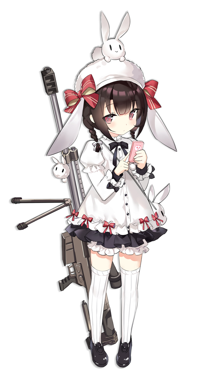 absurdres alternate_hairstyle animal_on_head anti-materiel_rifle black_hair bloomers closed_mouth commentary_request full_body girls'_frontline guanlingzhi_(crazy6) gun hat highres looking_at_viewer m99_(girls'_frontline) medium_hair official_alternate_costume on_head rabbit red_eyes ribbon rifle simple_background sniper_rifle standing thighhighs weapon white_background