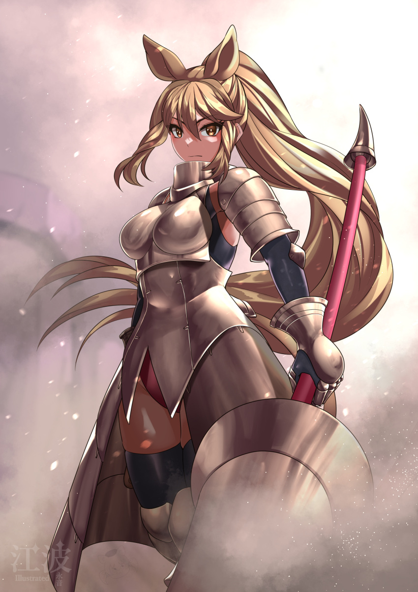 1girl absurdres animal_ears armor armored_boots armored_dress arms_at_sides blonde_hair boots breastplate closed_mouth elbow_gloves extra_ears feet_out_of_frame gauntlets gloves hair_between_eyes highres holding holding_polearm holding_weapon kawanami_eito kemono_friends leotard leotard_under_clothes long_hair looking_at_viewer polearm rhinoceros_ears serious shoulder_armor skindentation solo thighhighs very_long_hair walking weapon white_rhinoceros_(kemono_friends) yellow_eyes