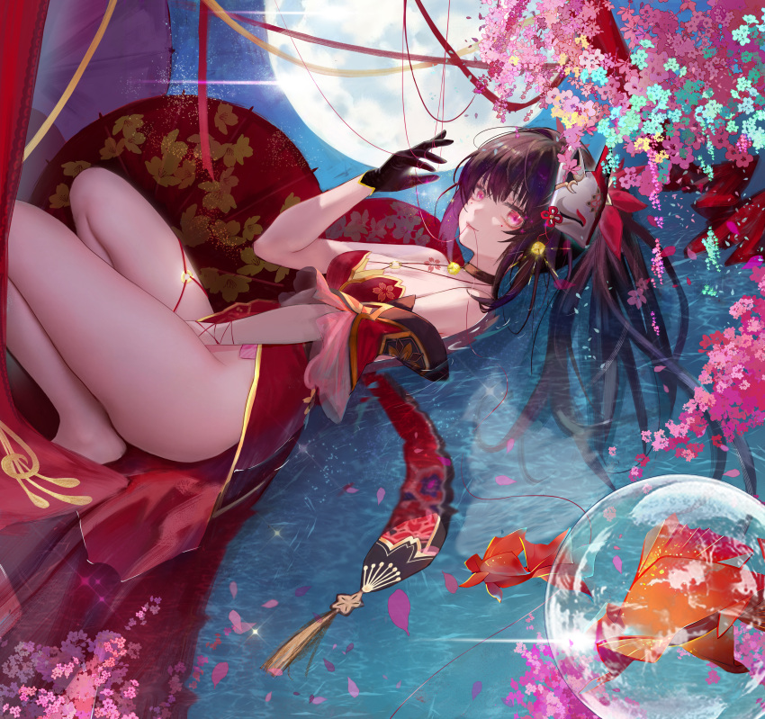 1girl absurdres arm_ribbon bare_legs between_legs black_gloves black_hair bottomless breasts bubble c1718259 caustics china_dress chinese_clothes chinese_commentary closed_mouth dress fireworks floral_print flower gloves hand_between_legs hand_up highres honkai:_star_rail honkai_(series) knees_up long_hair looking_at_viewer lying lying_on_water makeup moon mouth_hold o-ring o-ring_thigh_strap oil-paper_umbrella on_back partially_submerged pink_eyes pink_flower ponytail red_dress red_ribbon ribbon small_breasts solo sparkle sparkle_(honkai:_star_rail) thigh_strap thighs umbrella water yellow_flower