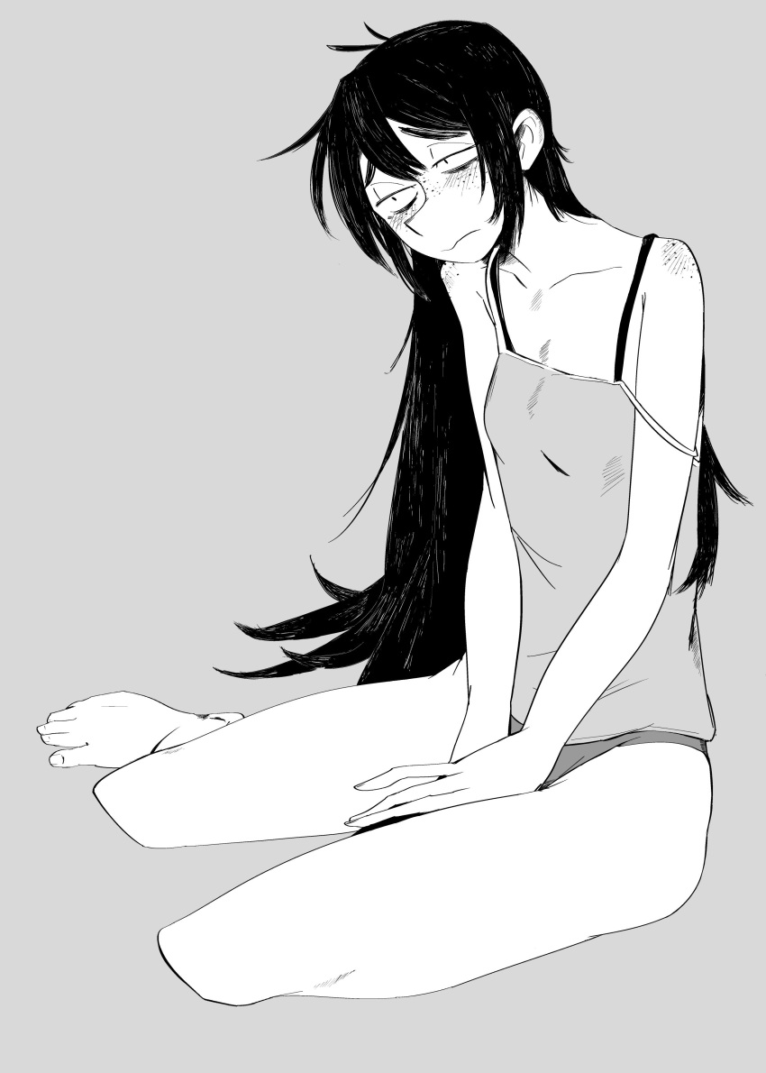 1girl :s absurdres antenna_hair bare_shoulders blush bra_strap breasts camisole collarbone freckles full_body grey_background greyscale hair_between_eyes highres long_hair monochrome original panties simple_background sitting small_breasts solo strap_slip sugarspot_jr. underwear very_long_hair yokozuwari