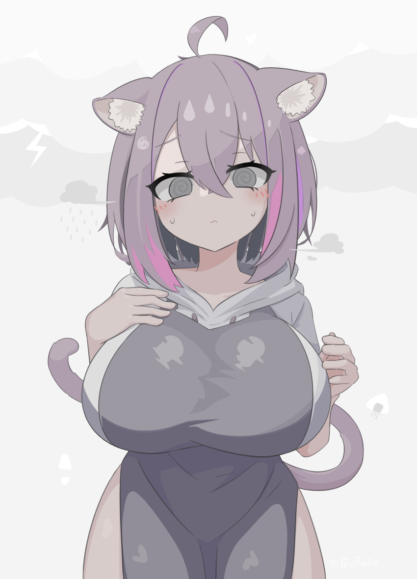 1girl ahoge animal_ear_fluff animal_ears apron blush breasts cat_ears cat_girl cat_tail cloud food gabai hand_on_own_chest highres hololive hood hood_down hoodie huge_breasts looking_at_viewer nekomata_okayu onigiri oppai_loli purple_hair rain solo tail thunder virtual_youtuber white_hoodie