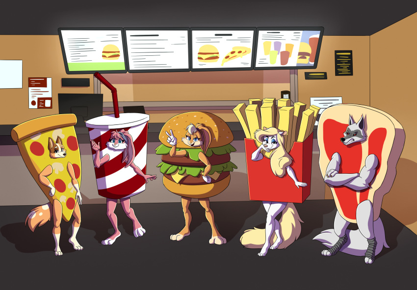 absurd_res animaniacs anthro babs_bunny beef beverage bluey_(series) burger burger_costume canid canine canis cheeseburger_costume chilli_heeler clothing costume death_(puss_in_boots) domestic_dog dreamworks drink_costume female food food_costume french_fries_costume fries fries_costume group hi_res hinzen lagomorph leporid lola_bunny looney_tunes male mammal meat minerva_mink mink mustelid musteline pizza pizza_costume puss_in_boots_(dreamworks) rabbit soda soda_costume steak steak_costume tiny_toon_adventures true_musteline warner_brothers wolf