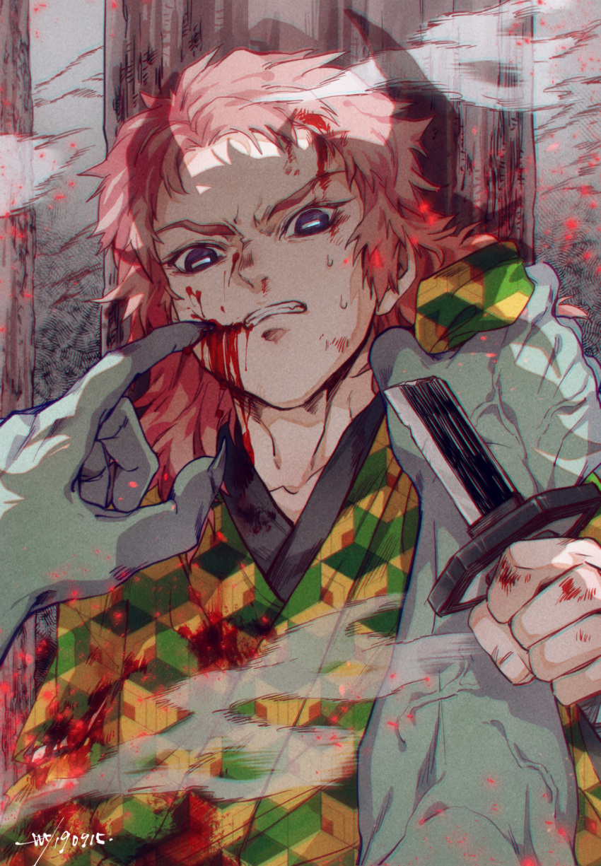 1boy aged_down bleeding blood blood_on_clothes blood_on_face blood_on_hands broken broken_sword broken_weapon clenched_teeth clothes_grab colored_skin demon fingernails fog grey_skin hand_up highres holding holding_sword holding_weapon horizontal_pupils japanese_clothes katana kimetsu_no_yaiba kimono looking_at_another looking_at_viewer male_focus medium_hair out_of_frame pink_hair pov pov_hands print_kimono purple_eyes restrained sabito_(kimetsu) sashiyu scratching shadow sharp_fingernails signature size_difference solo_focus sweat sword teeth torn_clothes two-tone_kimono unsheathed upper_body veins veiny_arms veiny_hands weapon