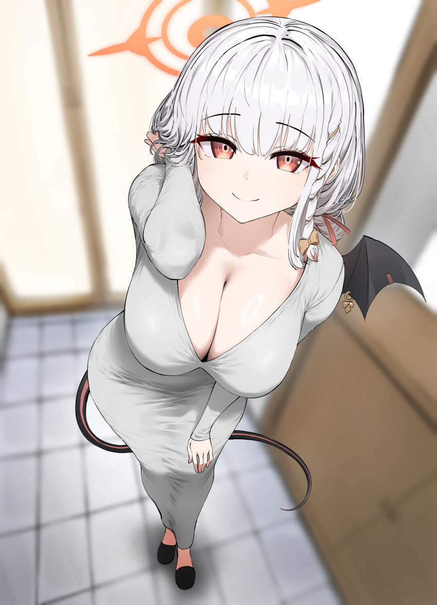 1girl absurdres blue_archive blurry blurry_background breasts cleavage closed_mouth demon_tail dongtan_dress dress full_body halo haruna_(blue_archive) highres kagi_f large_breasts long_sleeves looking_at_viewer meme_attire red_eyes single_wing smile solo tail white_dress white_hair wings