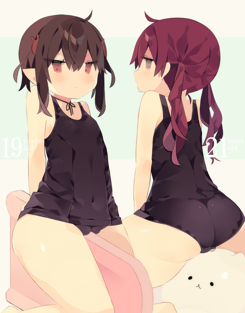 2girls bare_arms bare_shoulders black_one-piece_swimsuit blush brown_eyes brown_hair cameltoe character_age closed_mouth covered_navel hair_between_eyes hair_ornament highres kickboard long_hair mimo_lm multiple_girls old_school_swimsuit one-piece_swimsuit original profile rabbit_hair_ornament red_eyes red_hair school_swimsuit sitting straddling swimsuit translation_request twintails