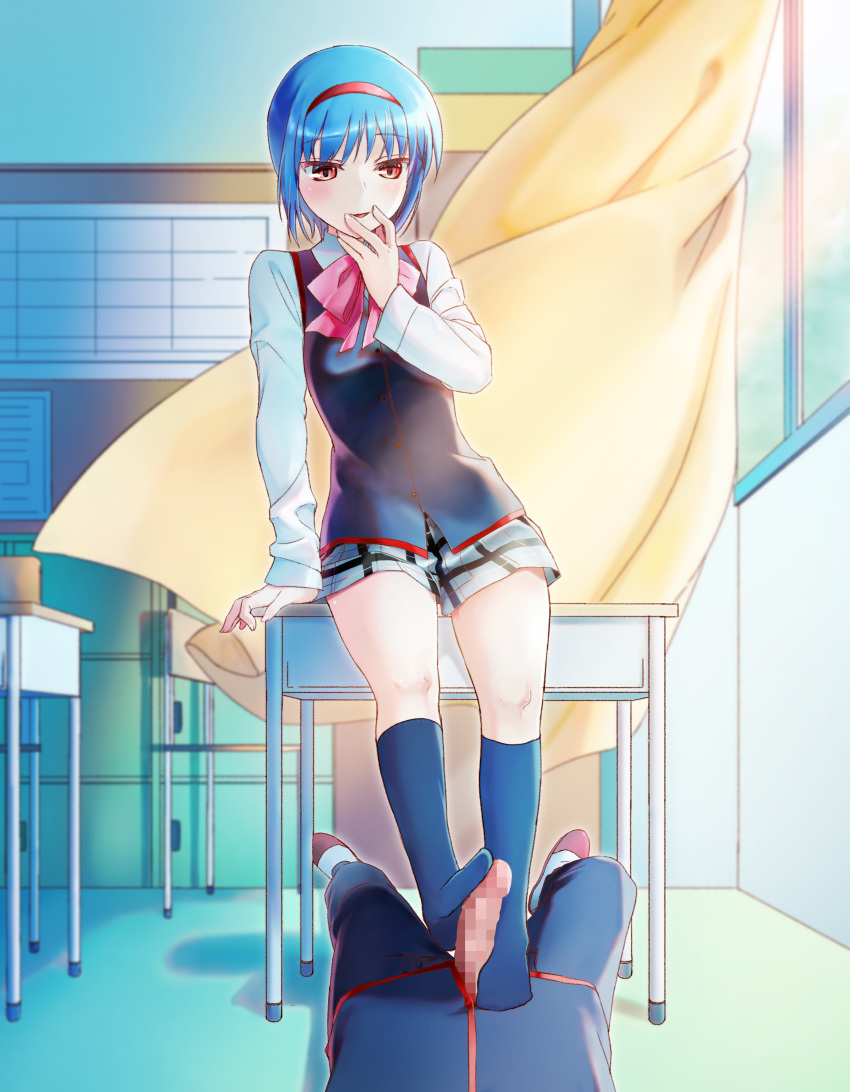 1boy 1girl absurdres arm_at_side arm_support bare_legs black_socks black_vest blue_hair blush bow censored classroom commentary commission curtains desk erection feet finger_to_mouth footjob full_body grey_skirt hair_between_eyes hairband hand_up highres kneehighs legs little_busters! little_busters!_school_uniform long_sleeves looking_at_penis looking_down lying miniskirt mosaic_censoring natsuoto_rito nishizono_midori no_shoes on_back open_mouth penis pink_bow plaid plaid_skirt red_eyes red_hairband school_desk school_uniform shirt short_hair skeb_commission skirt smile socks solo_focus standing summer_uniform thighs two-footed_footjob variant_set vest white_shirt wind