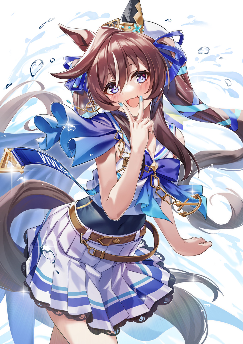 1girl :3 absurdres animal_ears bare_shoulders belt beret blue_eyes blue_nails blush breasts brown_belt brown_hair clenched_hand commentary_request ear_covers fingernails hachiroku_(hatirokusann86) hat highres horse_ears horse_girl looking_at_viewer medium_breasts mole mole_under_eye open_mouth pleated_skirt ribbon single_ear_cover skirt smile solo umamusume v v_over_mouth vivlos_(umamusume) white_background
