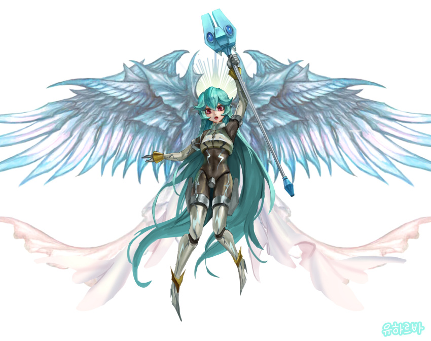 1girl absurdres armor black_bodysuit body_markings bodysuit crossover crotch_plate final_fantasy final_fantasy_xiv freckleliliofe green_hair highres hydaelyn mega_man_(series) mega_man_zx pandora_(mega_man) red_eyes solo staff tagme wings