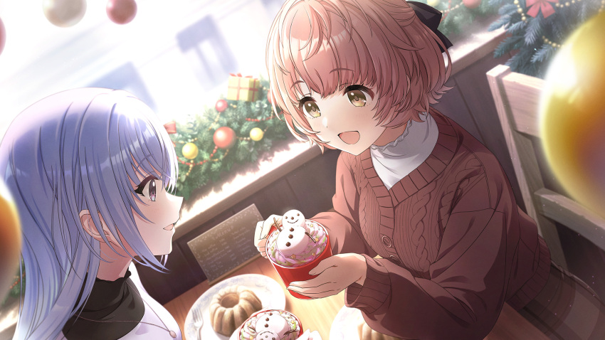 2girls black_bow blue_hair bow brown_hair cafe chair christmas christmas_ornaments cup day dot_nose food fork friends hair_between_eyes hair_bow highres holding holding_cup idolmaster idolmaster_shiny_colors idolmaster_shiny_colors_song_for_prism ikuta_haruki indoors jewelry long_hair long_sleeves looking_at_another menu mini_snowman multiple_girls official_art open_mouth pendant plate profile purple_eyes shirt short_hair sitting smile straight_hair sunlight suzuki_hana sweater sweets table upper_body window yellow_eyes