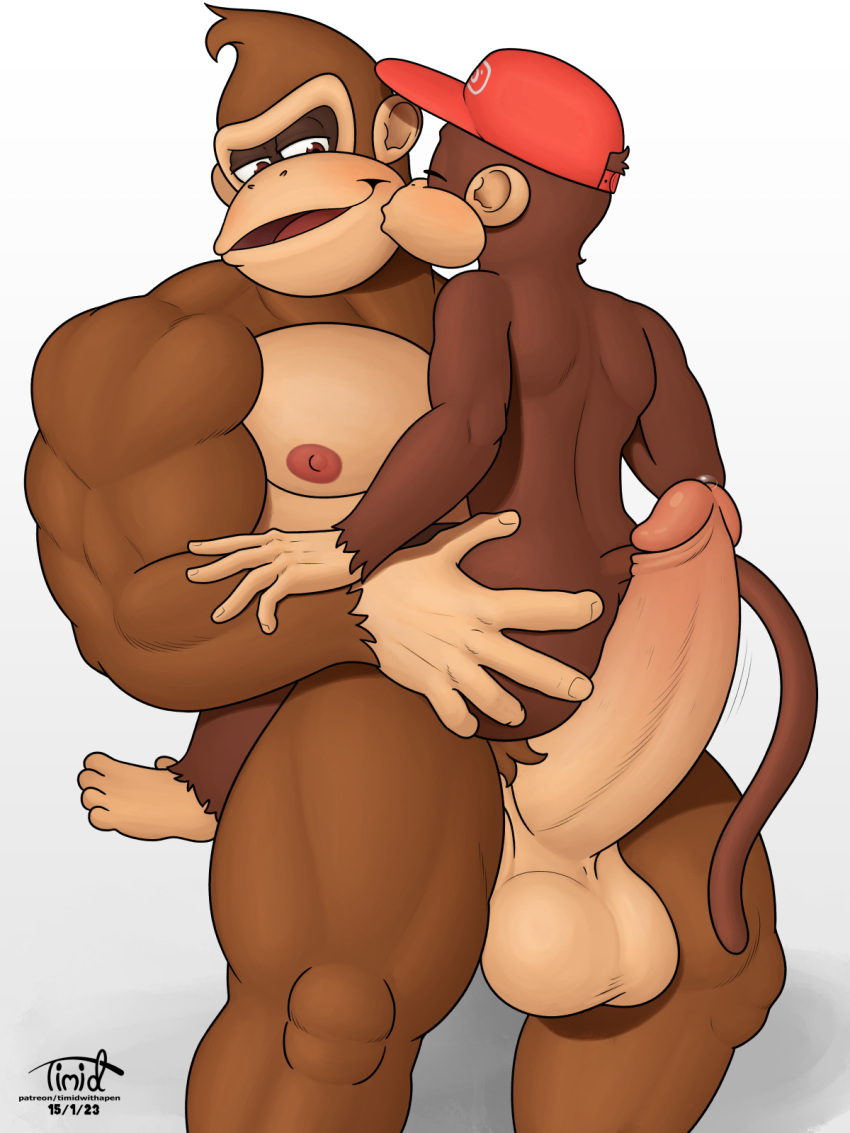 anthro ape balls bodily_fluids brown_body clothing diddy_kong digital_media_(artwork) donkey_kong_(character) donkey_kong_(series) duo erection feet fur genital_fluids genitals gorilla hand_on_butt haplorhine hat headgear headwear hi_res humanoid_genitalia humanoid_penis male male/male mammal monkey muscular muscular_anthro muscular_male nintendo nipples nude pecs penis precum primate simple_background size_difference timidwithapen