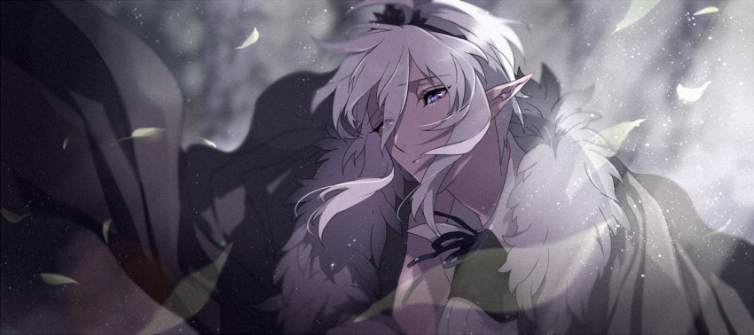 1other androgynous black_hairband braid eyes_visible_through_hair fur_trim hairband kai28 looking_at_viewer niggurath_the_ancient_tree_branch pixiv_fantasia_last_saga pointy_ears purple_eyes sidelocks silver_hair smile solo upper_body