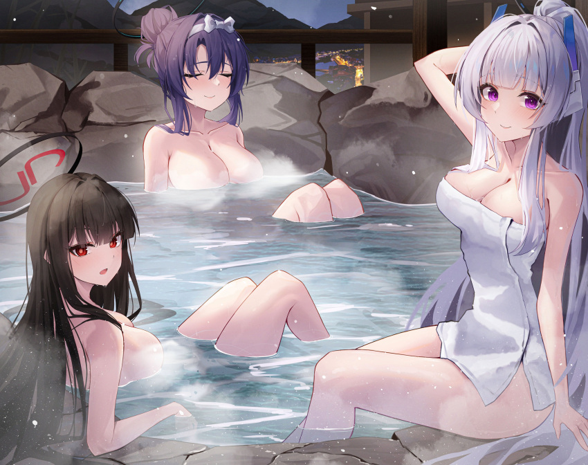3girls absurdres alternate_hairstyle black_hair black_halo blue_archive blue_hair breasts cleavage closed_eyes closed_mouth commentary hair_bun halo headgear hidel highres knees_up large_breasts light_particles long_hair looking_at_viewer mechanical_halo multiple_girls noa_(blue_archive) onsen open_mouth parted_bangs ponytail purple_eyes red_eyes rio_(blue_archive) scenery single_hair_bun sitting smile symbol-only_commentary very_long_hair white_hair white_towel yuuka_(blue_archive)