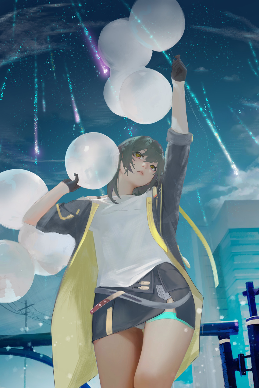 1girl absurdres aerial_fireworks against_railing arm_up balloon black_gloves brown_eyes building c1718259 closed_mouth cloud fireworks gloves grey_hair grey_jacket grey_skirt hand_up highres holding holding_balloon honkai:_star_rail honkai_(series) jacket light_particles looking_at_viewer medium_hair multicolored_clothes multicolored_jacket power_lines railing shirt skirt sky sleeves_rolled_up solo standing star_(sky) starry_sky stelle_(honkai:_star_rail) thighs trailblazer_(honkai:_star_rail) two-tone_jacket utility_pole white_shirt yellow_jacket
