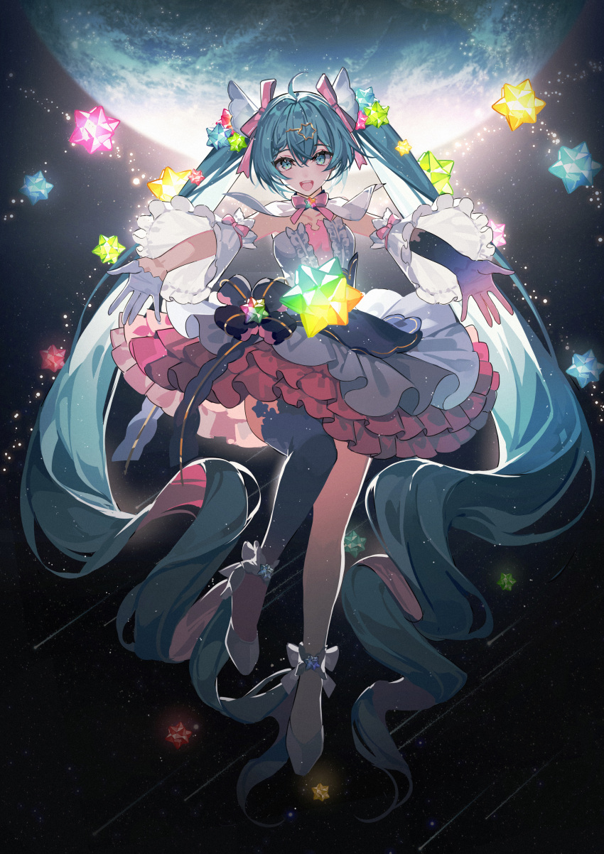 1girl :d absurdres ahoge ankle_bow aqua_eyes aqua_hair asymmetrical_gloves black_thighhighs bow detached_collar detached_sleeves dress floating_hair full_body gloves gradient_gloves hair_between_eyes hair_ornament hair_ribbon hatsune_miku high_heels highres kazenemuri layered_dress long_hair long_sleeves looking_at_viewer mismatched_gloves multicolored_clothes multicolored_dress open_mouth pink_ribbon pumps purple_gloves red_dress ribbon short_dress single_thighhigh smile solo standing star_(symbol) star_hair_ornament strapless strapless_dress thighhighs twintails very_long_hair vocaloid white_bow white_dress white_footwear white_gloves white_sleeves