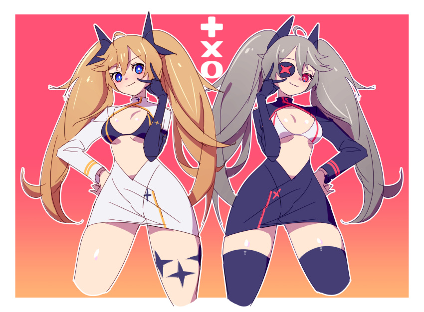 2girls :3 ahoge bikini bikini_top_only black_bikini black_dress black_thighhighs blonde_hair blue_eyes border breasts clear_(djmax) closed_mouth cropped_legs djmax djmax_respect dress eyepatch fail_(djmax) frontless_outfit gloves gradient_background grey_hair hair_ornament hand_on_own_hip hand_up looking_at_viewer medium_breasts multiple_girls red_background red_eyes sabum simple_background single_glove smile swimsuit thighhighs v white_bikini white_border white_dress