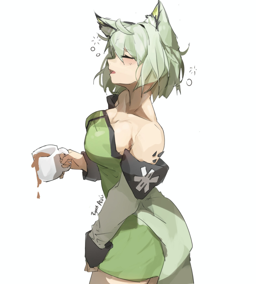 1girl acctops ahoge animal_ear_fluff animal_ears arknights breasts cat_ears cat_girl cleavage closed_eyes coffee_cup coffee_mug collarbone cup disposable_cup dress facing_to_the_side green_dress green_hair grey_hair highres holding holding_cup kal'tsit_(arknights) large_breasts looking_to_the_side messy_hair miniskirt mug off-shoulder_dress off_shoulder open_mouth short_hair skirt sleep_bubble sleepy solo waking_up white_hair yawning
