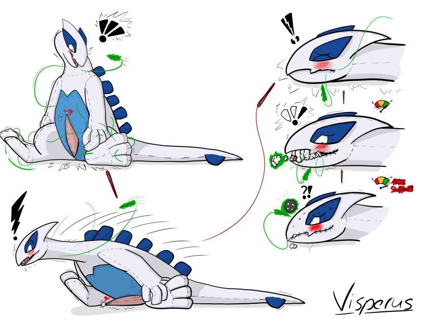 &lt;3 2023 anthro black_eyes blue_body blush blush_lines bodily_fluids button_(fastener) cotton cum english_text erection exclamation_point falling generation_2_pokemon genital_fluids handwritten_text hi_res inanimate_transformation legendary_pokemon looking_at_object lugia male mid_transformation multicolored_body nintendo open_mouth orgasm_denial plush_stuffing plushie plushie_transformation plushification pokemon pokemon_(species) sewing sewing_needle sewn_mouth signature simple_background solo string stuffing surprised_expression text transformation transformation_sequence two_tone_body unusual_bodily_fluids unusual_cum unusual_genital_fluids visperus white_body