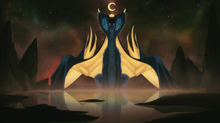 ambiguous_gender belly_scales blue_body blue_membrane blue_scales claws dragon feral hi_res jadedragoness membrane_(anatomy) membranous_wings orange_claws rock scales scalie solo star wings yellow_eyes yellow_membrane yellow_sclera