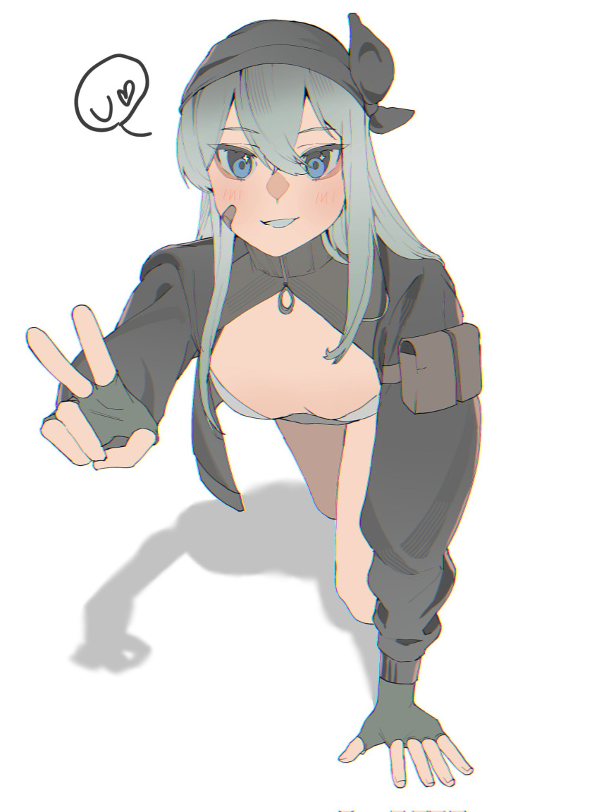 1girl all_fours aqua_hair arm_support bandaid bandaid_on_cheek bandaid_on_face bandana black_bandana black_jacket blue_eyes blush breasts fingerless_gloves girls'_frontline gloves hair_between_eyes hand_up highres jacket parted_lips shoulder_pouch small_breasts smile solo v white_background xm3_(girls'_frontline) xm3_(mod3)_(girls'_frontline) yongsadragon
