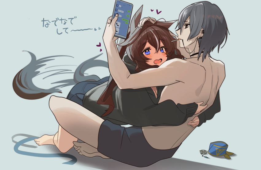 1boy 1girl absurdres animal_ears ashinowoto black_choker black_hoodie black_shorts blue_eyes blush boxers brown_hair cellphone choker commentary_request ear_piercing grey_hair hair_between_eyes headpat heart highres holding holding_phone hood hood_down hoodie horse_ears horse_girl horse_tail hug light_blue_background long_hair male_underwear mole mole_under_eye mouth_hold multicolored_hair open_mouth phone piercing short_hair shorts simple_background sitting smartphone smile streaked_hair tail tail_wagging topless_male translation_request twintails umamusume underwear very_long_hair vivlos_(umamusume) white_hair