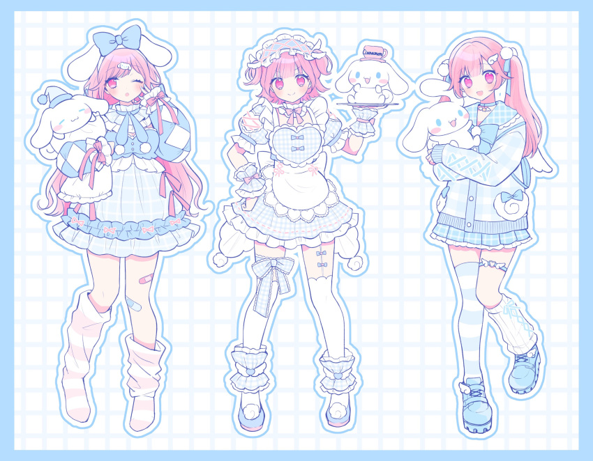 1girl :d :o alternate_costume animal_ears animal_hug apron asymmetrical_legwear blue_border blue_cardigan blue_footwear blue_sailor_collar blue_skirt blue_theme blue_thighhighs blush border cardigan cinnamoroll enmaided fake_animal_ears frilled_apron frilled_skirt frills grid_background hair_ornament hand_on_own_hip heart_o-ring highres holding holding_tray long_bangs long_hair looking_at_viewer loose_socks maid maid_headdress medium_hair multiple_views no_shoes o-ring o-ring_thigh_strap one_eye_closed ootori_emu open_mouth pink_eyes pink_hair pink_socks plaid plaid_cardigan plaid_sailor_collar plaid_skirt pnyo_emc pom_pom_(clothes) pom_pom_hair_ornament project_sekai rabbit_ears rubbing_eyes sailor_collar sanrio school_uniform shoes single_sock single_thighhigh skirt smile socks striped_clothes striped_socks swept_bangs thigh_strap thighhighs tray twintails two-tone_socks two_side_up v-shaped_eyebrows white_apron white_socks white_thighhighs