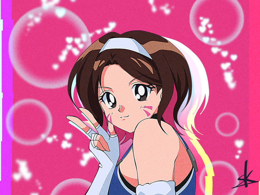 1990s_(style) 1girl arm_warmers blue_tank_top brown_hair bubble_background d.va_(overwatch) fingerless_gloves gloves headband heart heart_background highres le_sserafim looking_at_viewer overwatch overwatch_2 pink_background pink_streaks retro_artstyle sk_(sk-jp) tank_top white_sleeves