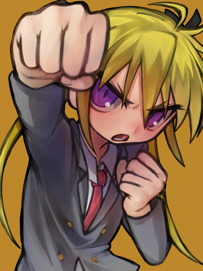 1girl ahoge angry arm_up black_ribbon blazer blonde_hair blush clenched_hands collared_shirt commentary_request foreshortening frown glaring grey_jacket hair_ribbon highres incoming_attack incoming_punch jacket kill_me_baby looking_at_viewer necktie open_mouth punching purple_eyes red_necktie ribbon sanpaku school_uniform shirt simple_background solo sonya_(kill_me_baby) twintails uee_m upper_body v-shaped_eyebrows white_shirt yellow_background