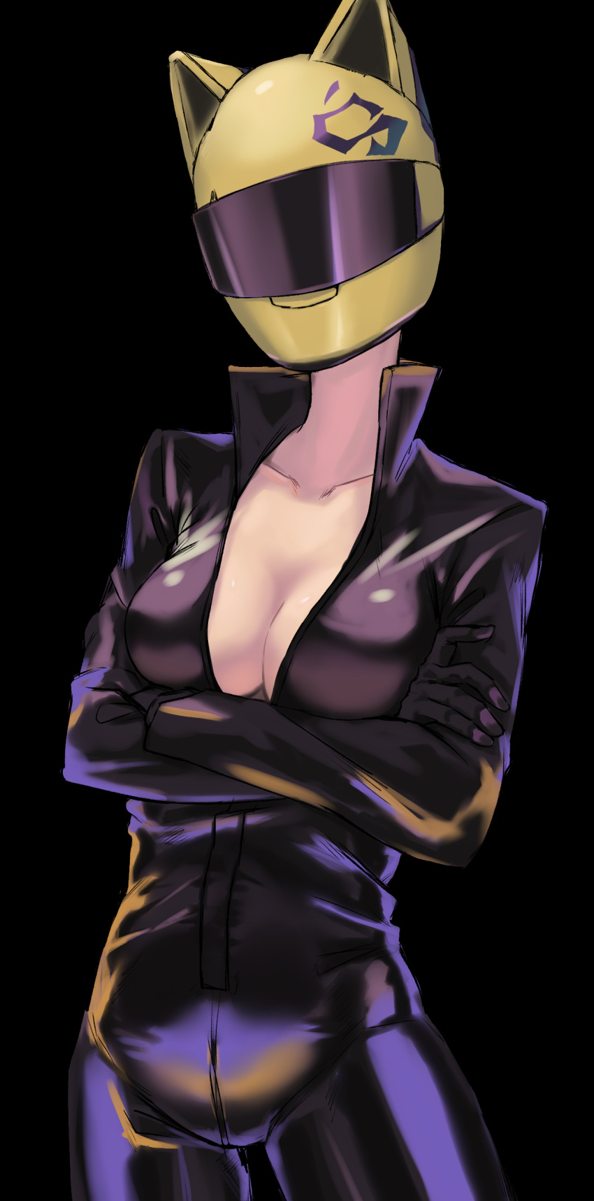 1girl absurdres animal_ears biker_clothes bikesuit black_background black_bikesuit black_bodysuit bodysuit breasts cat_ears celty_sturluson cleavage collarbone cowboy_shot crossed_arms durarara!! helmet highres medium_breasts muruta_illust simple_background solo