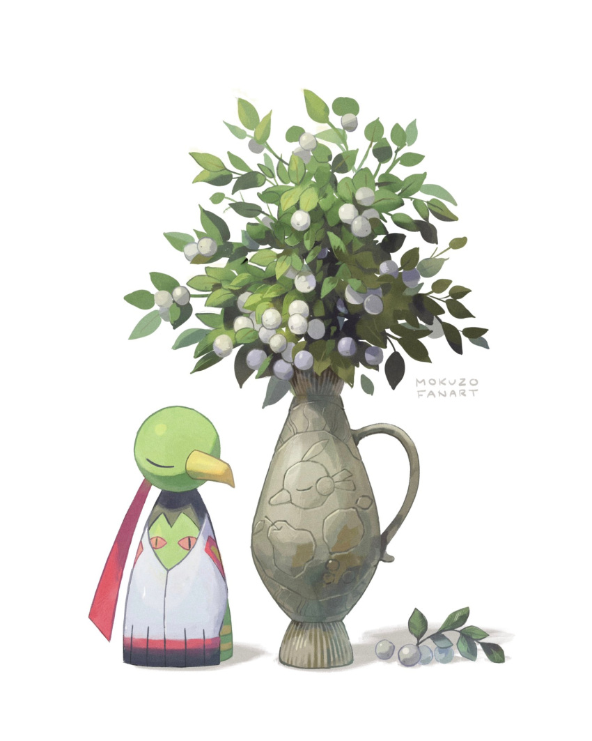 beak berry bird character_print closed_eyes fruit_print highres mokuzou_(moku_ssbu) natu no_humans plant pokemon pokemon_(creature) signature solo vase white_background xatu