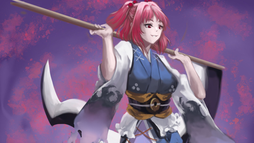1girl breasts commentary_request hair_bobbles hair_ornament highres holding holding_scythe kawahagi_modoki obi onozuka_komachi parted_lips purple_background red_eyes red_hair sash scythe short_hair solo touhou two_side_up upper_body wide_sleeves