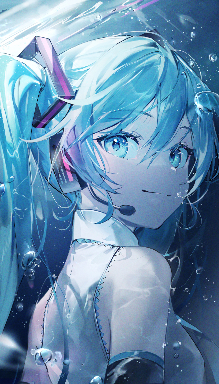 1girl absurdres air_bubble ame929 bare_shoulders blue_eyes blue_hair bubble closed_mouth commentary earpiece from_behind grey_shirt hair_between_eyes hatsune_miku highres long_hair looking_at_viewer looking_back shirt sleeveless sleeveless_shirt smile solo twintails underwater upper_body vocaloid water