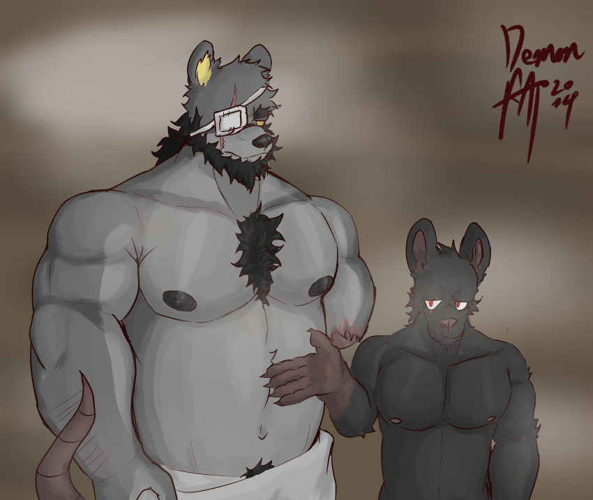 absurd_res anthro bath bathhouse bear black_body body_hair chest_tuft demonrat duo fur grey_body grey_fur hi_res male male/male mammal mouse murid murine rat rodent star_eyes steam towel tuft