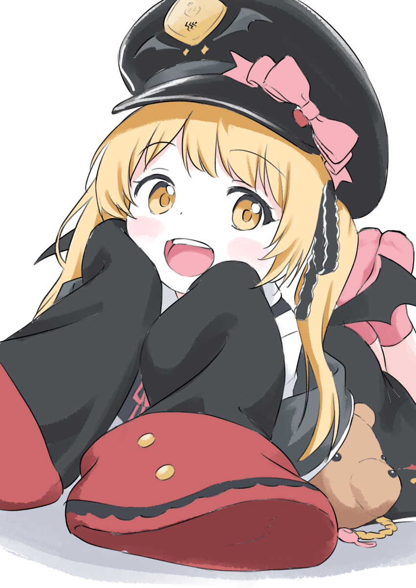 1girl absurdres black_coat black_ribbon black_wings blonde_hair blue_archive bow coat crime_prevention_buzzer demon_wings hat hat_bow highres ibuki_(blue_archive) long_hair looking_at_viewer low_wings lying no_tail on_stomach open_clothes open_coat open_mouth peaked_cap pink_socks red_ribbon ribbon sleeves_past_fingers sleeves_past_wrists smile socks solo tamura-chan teeth the_pose upper_teeth_only white_background wings yellow_eyes