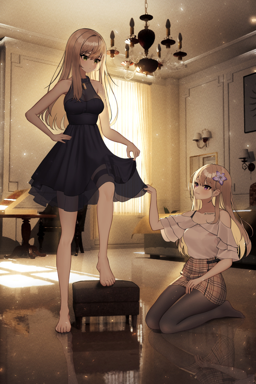 2girls absurdres bare_arms bare_legs bare_shoulders barefoot black_dress black_pantyhose blonde_hair dress feet flower green_eyes hair_flower hair_ornament highres kkkk_(laa2973) looking_at_viewer multiple_girls novelpia pantyhose purple_eyes toes