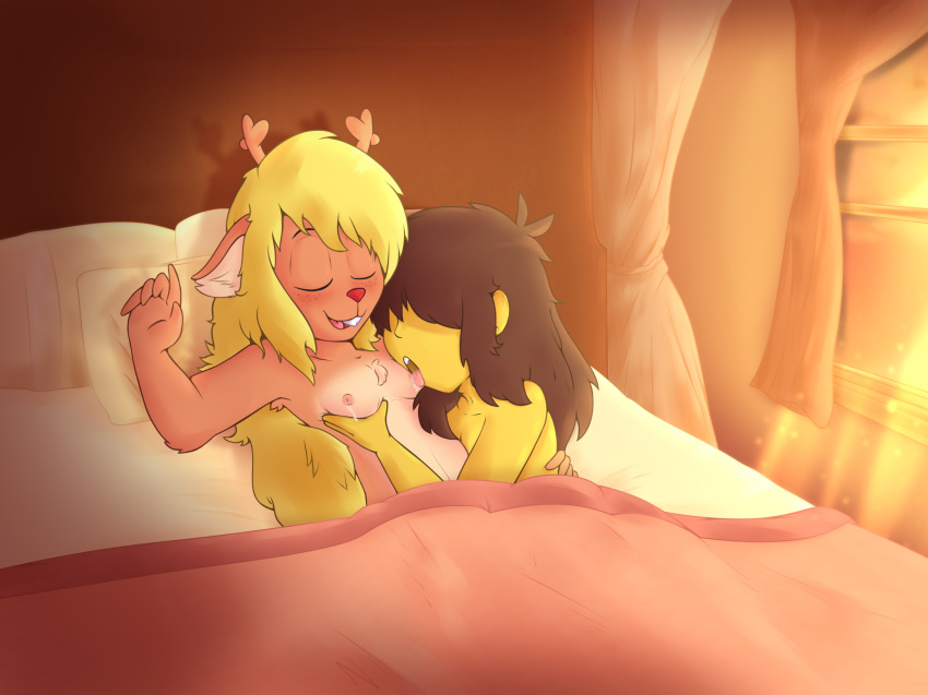 anthro antlers bed bingbingo_(artist) blonde_hair bodily_fluids breasts brown_body brown_fur brown_hair buckteeth curtains_open deer deltarune dim_lighting drapes duo eyes_closed female freckles fur furniture hair hair_over_eyes hand_on_breast hi_res horn human kris_(deltarune) lactating licking long_hair mammal mattress milk morning new_world_deer nipple_fetish nipple_lick nipple_play nipples noelle_holiday nude open_mouth pillow red_nose reindeer signature small_breasts teeth tongue tongue_out under_covers undertale_(series) window window_light yellow_body yellow_skin