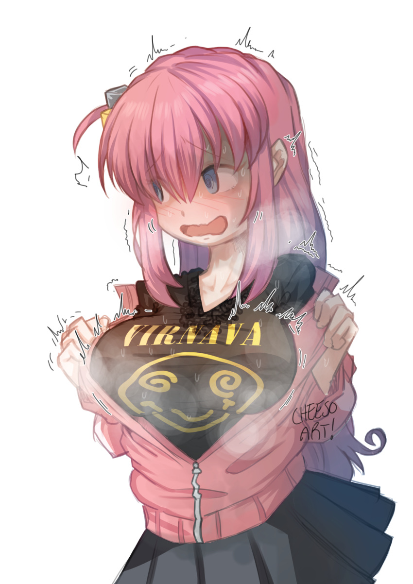 1girl ^^^ artist_name black_shirt black_skirt blue_eyes blush bocchi_the_rock! cheeso_art commentary cube_hair_ornament embarrassed gotoh_hitori hair_ornament hands_up highres jacket long_hair long_sleeves nirvana_(band) one_side_up open_clothes open_jacket pink_hair pink_jacket pink_track_suit pleated_skirt shirt side_ahoge simple_background skirt solo steaming_body t-shirt undressing wavy_mouth white_background