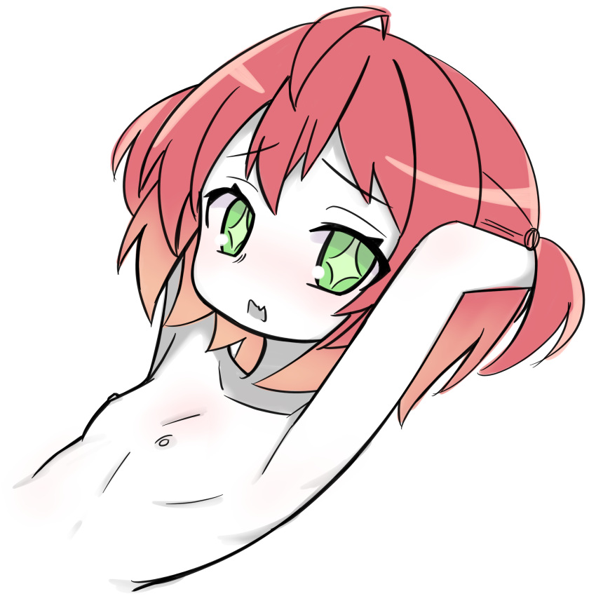 absurdres ahoge armpits breasts collarbone colored_skin fang flat_chest fuyo_cloverfield green_eyes highres idol_corp nipples notkuriimu nude red_hair shy small_breasts solo sparkling_eyes topless twintails virtual_youtuber white_skin