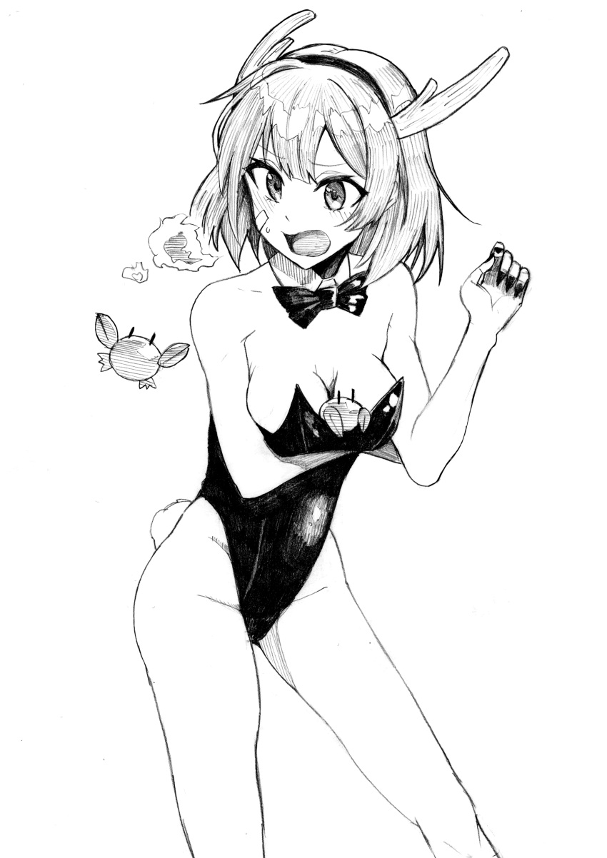 1girl absurdres bandaid bandaid_on_face bow bowtie breasts cleavage crab detached_collar feet_out_of_frame highres kantai_collection leotard monochrome nontraditional_playboy_bunny oboro_(kancolle) short_hair small_breasts strapless strapless_leotard tsuji_kazuho