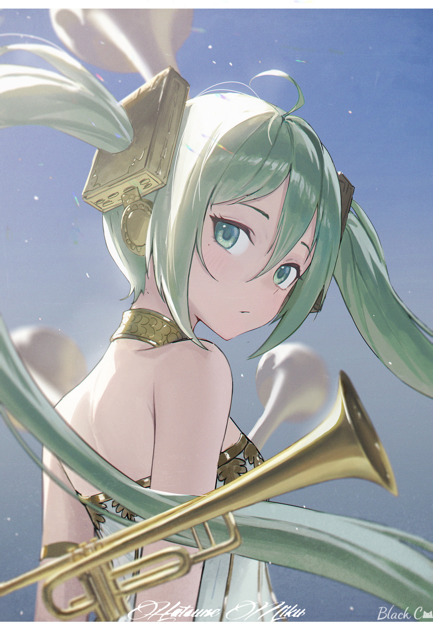 1girl artist_name bare_arms black_c_(net_dust) blurry blurry_background character_name closed_mouth dress floating_hair from_behind green_eyes green_hair hair_between_eyes hatsune_miku highres instrument long_hair looking_at_viewer looking_back solo strapless strapless_dress trumpet twintails upper_body very_long_hair vocaloid white_dress