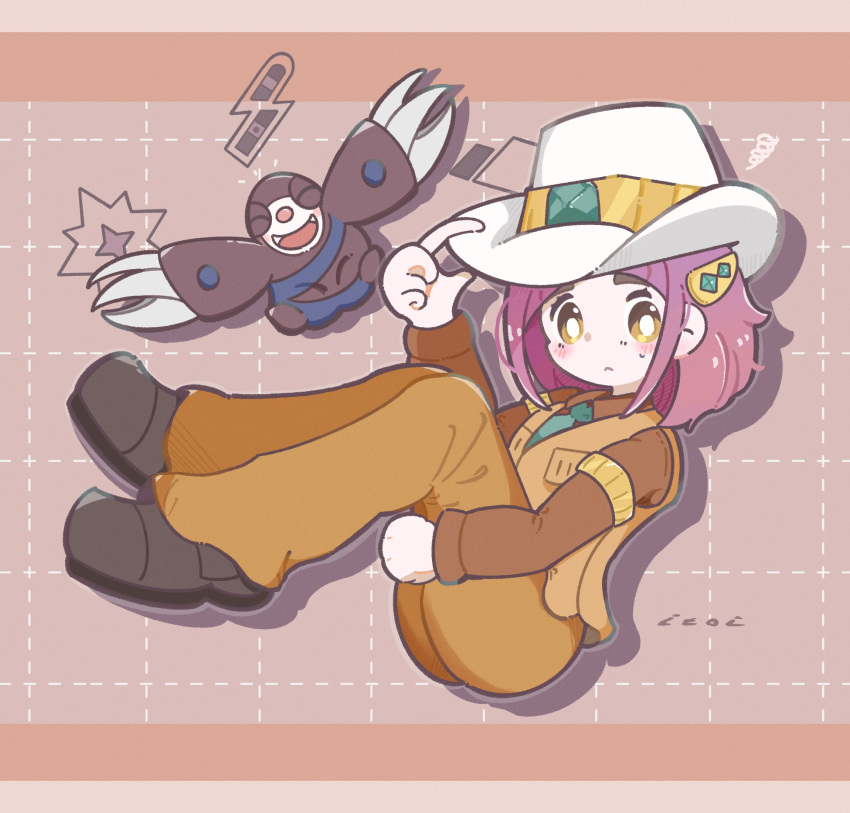 1girl arched_bangs badge bright_pupils brown_background brown_eyes brown_footwear claws clay_(pokemon) clay_(pokemon)_(cosplay) closed_eyes closed_mouth commentary_request cosplay cowboy_hat drilbur full_body grid_background hat highres itoi_box lacey_(pokemon) open_mouth pink_hair pokemon pokemon_sv shoes smile teeth white_headwear white_pupils