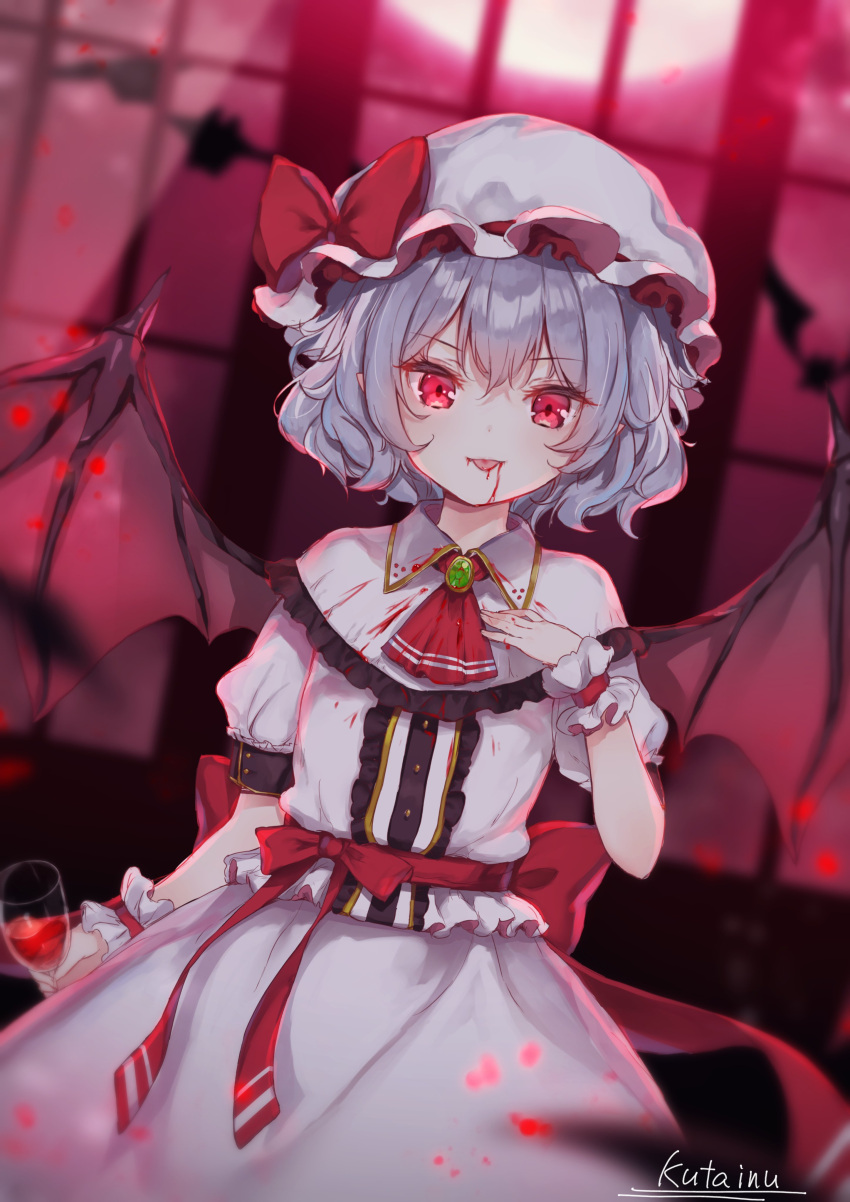 1girl absurdres ascot bat_(animal) bat_wings black_eyeliner blood blood_in_mouth blood_on_face blood_on_hands blue_hair bow cup curly_hair dress drinking_glass embodiment_of_scarlet_devil eyelashes eyeliner frilled_cuffs frilled_dress frills full_moon glass hand_on_own_chest hat hat_bow hat_ribbon highres kutabiretainu looking_at_viewer makeup mob_cap moon open_mouth pink_dress pink_headwear puffy_sleeves red_ascot red_eyes red_moon remilia_scarlet ribbon scarlet_devil_mansion short_hair short_sleeves smile solo touhou white_dress wine_glass wing_collar wings wrist_cuffs