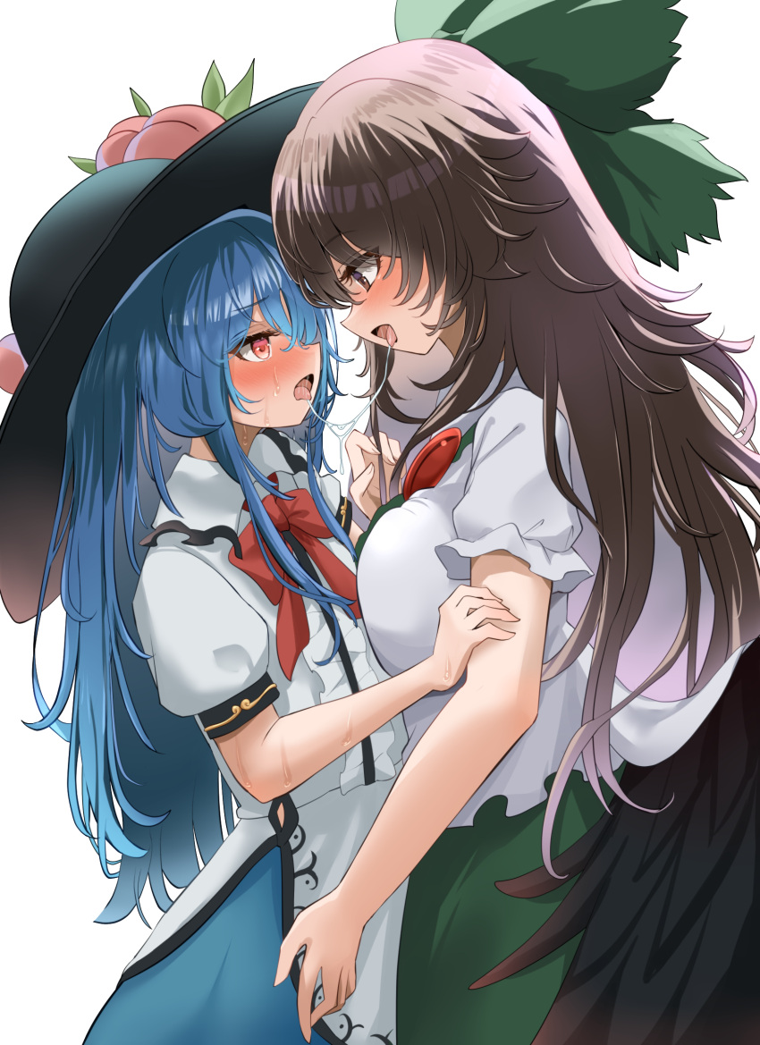 2girls after_kiss bird_wings black_headwear blue_skirt blush bow breasts brown_hair cape collared_shirt eye_contact flat_chest food fruit green_bow green_skirt hair_bow hand_on_another's_arm hand_on_another's_leg hat height_difference highres hinanawi_tenshi large_breasts leaf long_hair looking_at_another mikan_(manmarumikan) multiple_girls open_mouth peach peach_hat_ornament puffy_short_sleeves puffy_sleeves red_bow red_eyes reiuji_utsuho saliva saliva_trail shirt short_sleeves skirt standing sweat third_eye tongue tongue_out touhou white_background white_cape white_shirt wings yuri