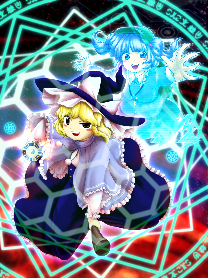 2girls blonde_hair blue_capelet blue_dress blue_eyes blue_hair blue_headwear blue_shirt blush_stickers bow broom broom_riding capelet dress frilled_capelet frilled_dress frilled_shirt_collar frills full_body green_headwear hat hat_bow highres holding hologram kawashiro_nitori key kirisame_marisa long_sleeves looking_at_viewer magic magic_circle medium_hair mini-hakkero multiple_girls official_style open_mouth parasite_oyatsu pom_pom_(clothes) shirt smile subterranean_animism touhou two_side_up white_bow witch witch_hat yellow_eyes zun_(style)